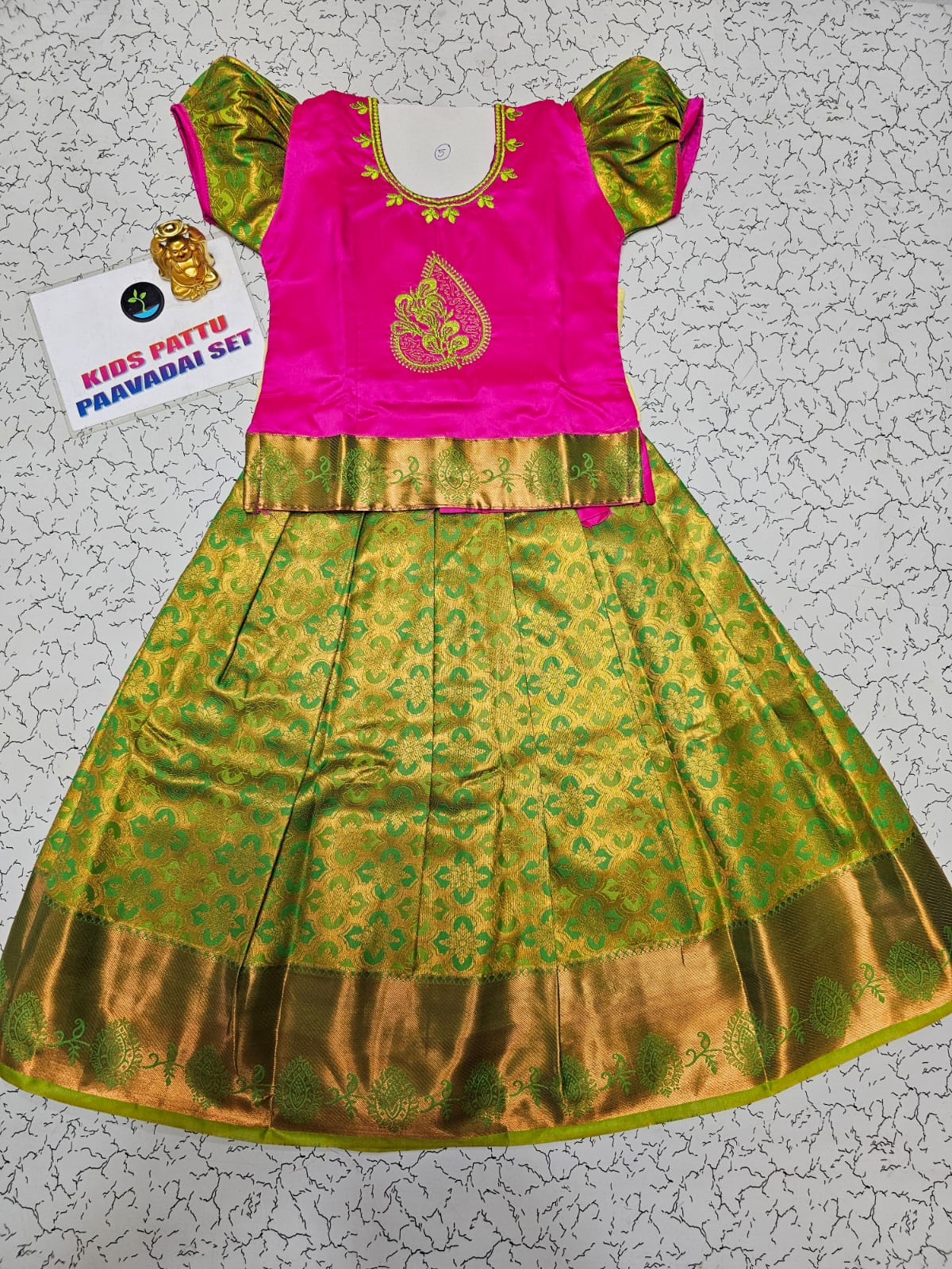 Kids pink top and green bridal silk pattu pavadai set – Sri Thulir Tex