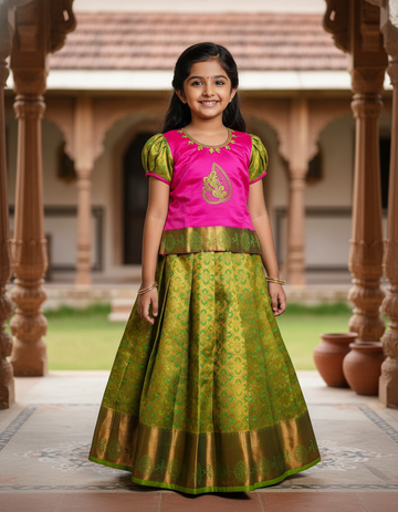 Kids pink top and green bridal silk pattu pavadai set – Sri Thulir Tex