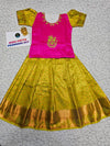 Pink semi silk top with green bridal silk zari skirt – Kids Pattu Pavadai Set – Sri Thulir Tex