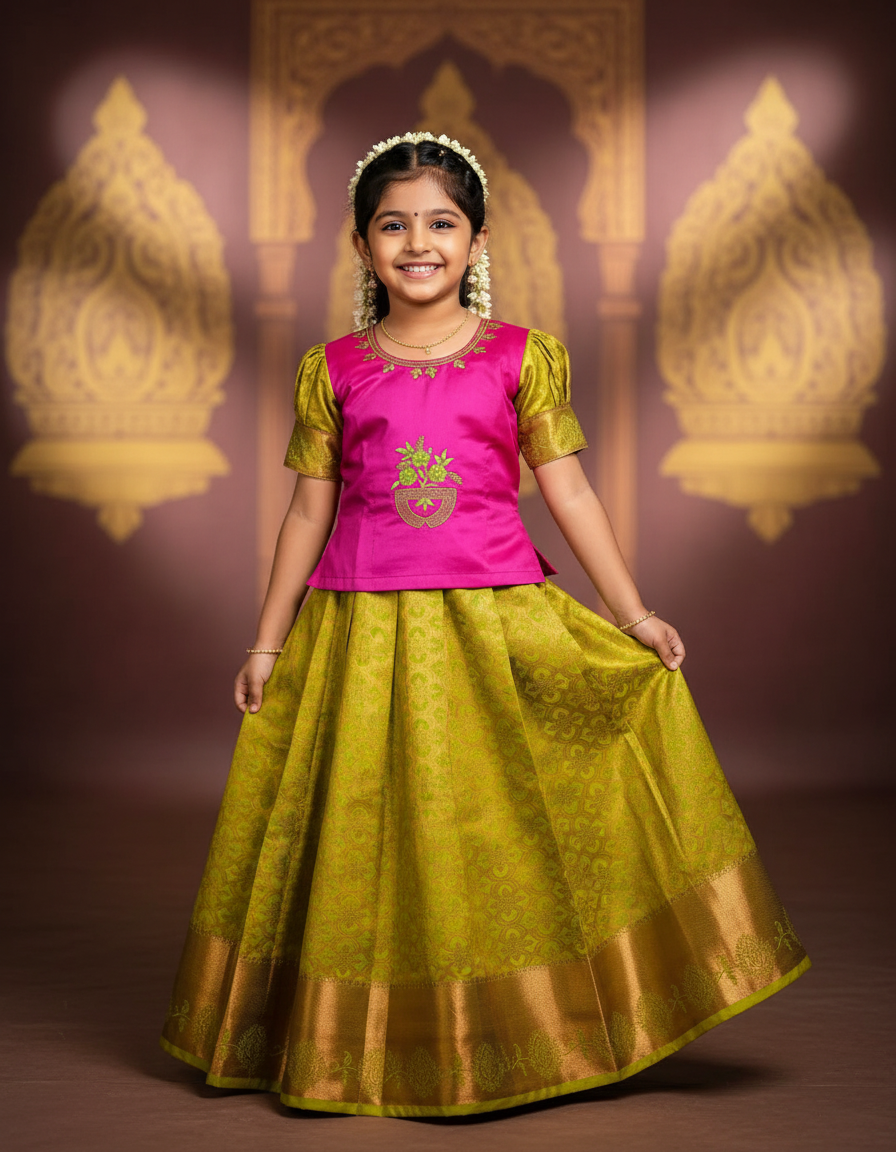 Pink semi silk top with green bridal silk zari skirt – Kids Pattu Pavadai Set – Sri Thulir Tex