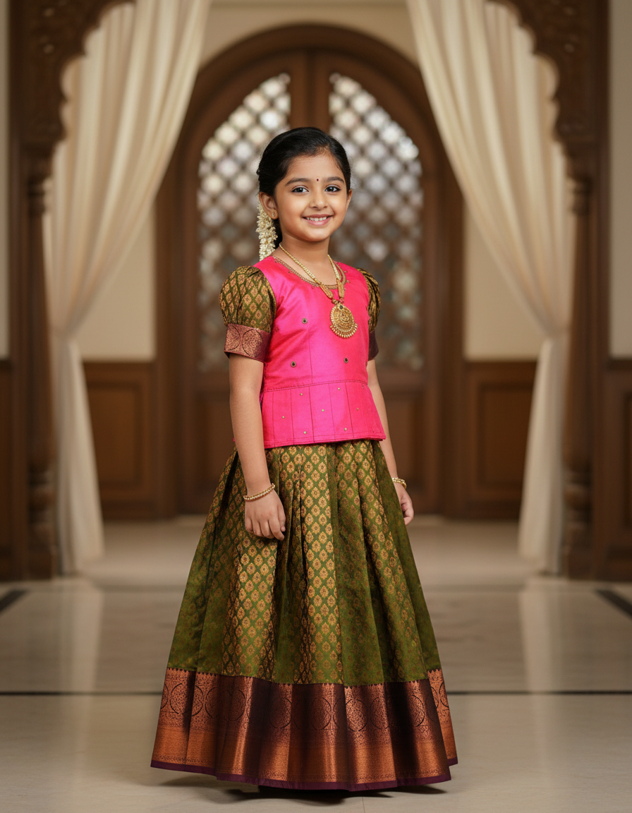 Kids Pattu Pavadai Set with Pink Semi Silk Top and Green Bridal Silk Skirt – Sri Thulir Tex