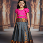 Kids Pattu Pavadai set with pink top and grey zari woven skirt from Sri Thulir Tex.