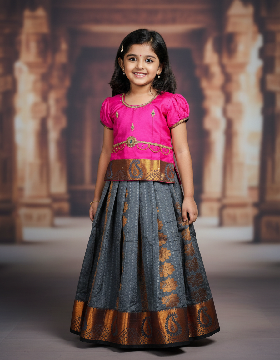 Kids Pattu Pavadai set with pink top and grey zari woven skirt from Sri Thulir Tex.