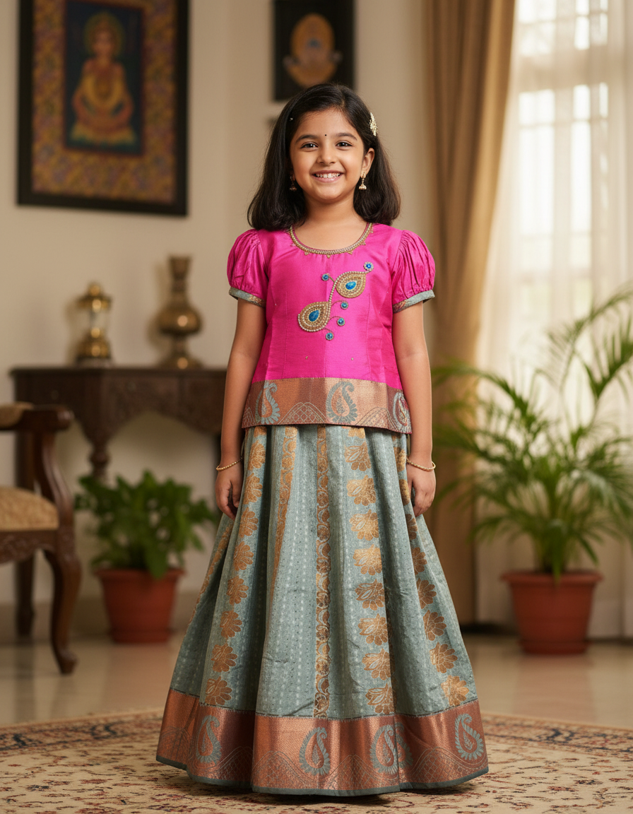 Kids Pattu Pavadai set with pink top and light green zari woven skirt from Sri Thulir Tex.