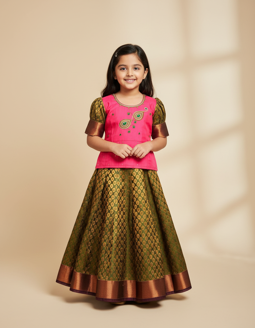Kids Pattu Pavadai set with pink stone-work top and mustard green zari woven skirt from Sri Thulir Tex.