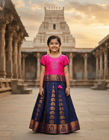 Kids pink semi silk top with navy blue emboss skirt pattu pavadai – Sri Thulir Tex