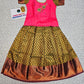 Kids Pattu Pavadai set with pink stone-work top and olive green zari woven skirt from Sri Thulir Tex.