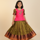 Kids Pattu Pavadai set with pink stone-work top and olive green zari woven skirt from Sri Thulir Tex.