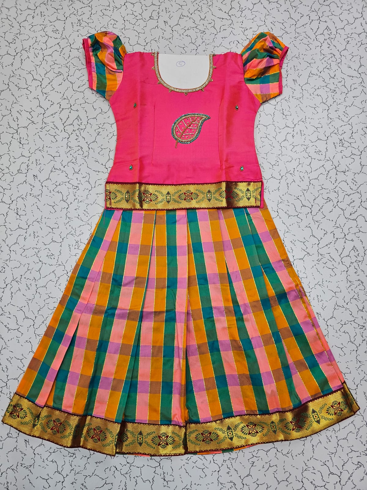 Kids pink top with pink green orange Palum Palam checked skirt pattu pavadai – Sri Thulir Tex