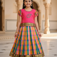 Kids pink top with pink green orange Palum Palam checked skirt pattu pavadai – Sri Thulir Tex
