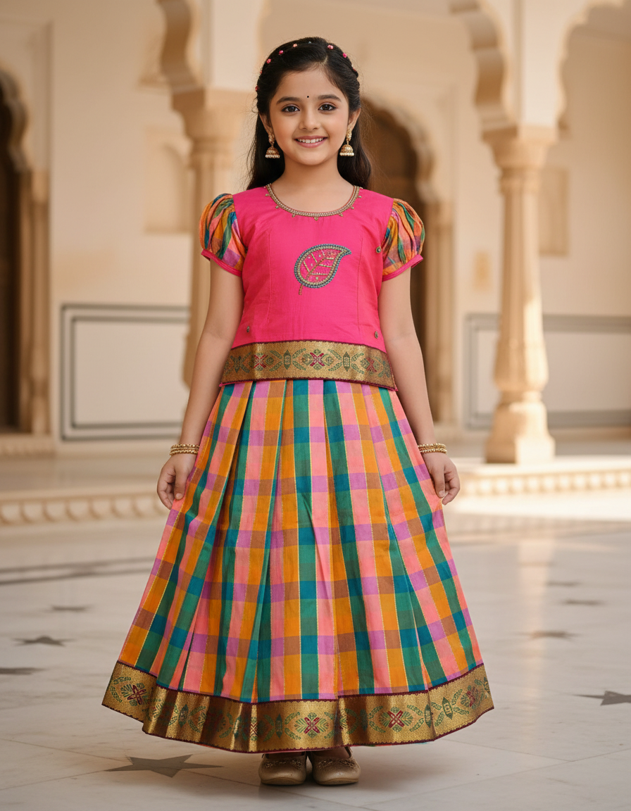 Kids pink top with pink green orange Palum Palam checked skirt pattu pavadai – Sri Thulir Tex