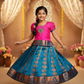 Kids pink top and peacock blue emboss skirt pattu pavadai set – Sri Thulir Tex