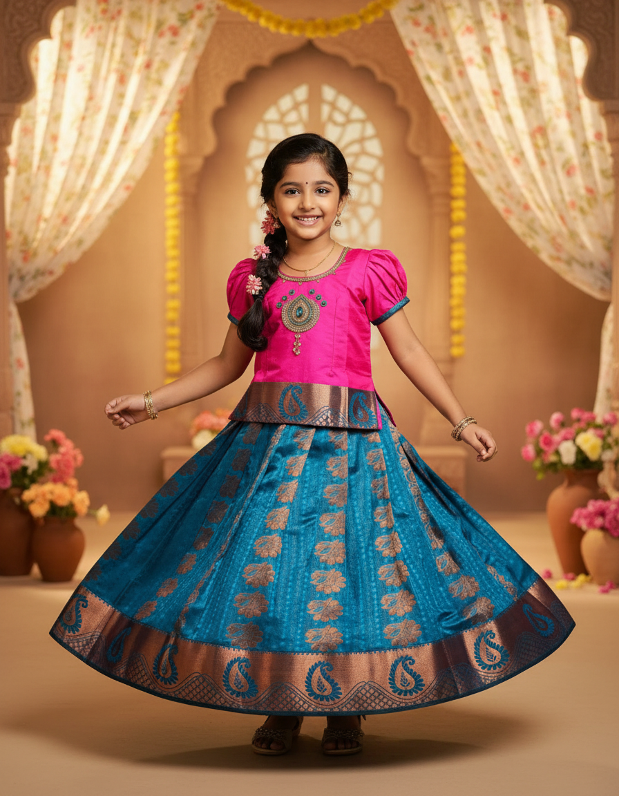Kids pink top and peacock blue emboss skirt pattu pavadai set – Sri Thulir Tex