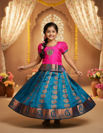 Kids pink top and peacock blue emboss skirt pattu pavadai set – Sri Thulir Tex