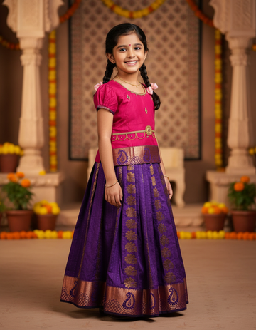 Kids pink semi silk top with purple emboss skirt pattu pavadai – Sri Thulir Tex