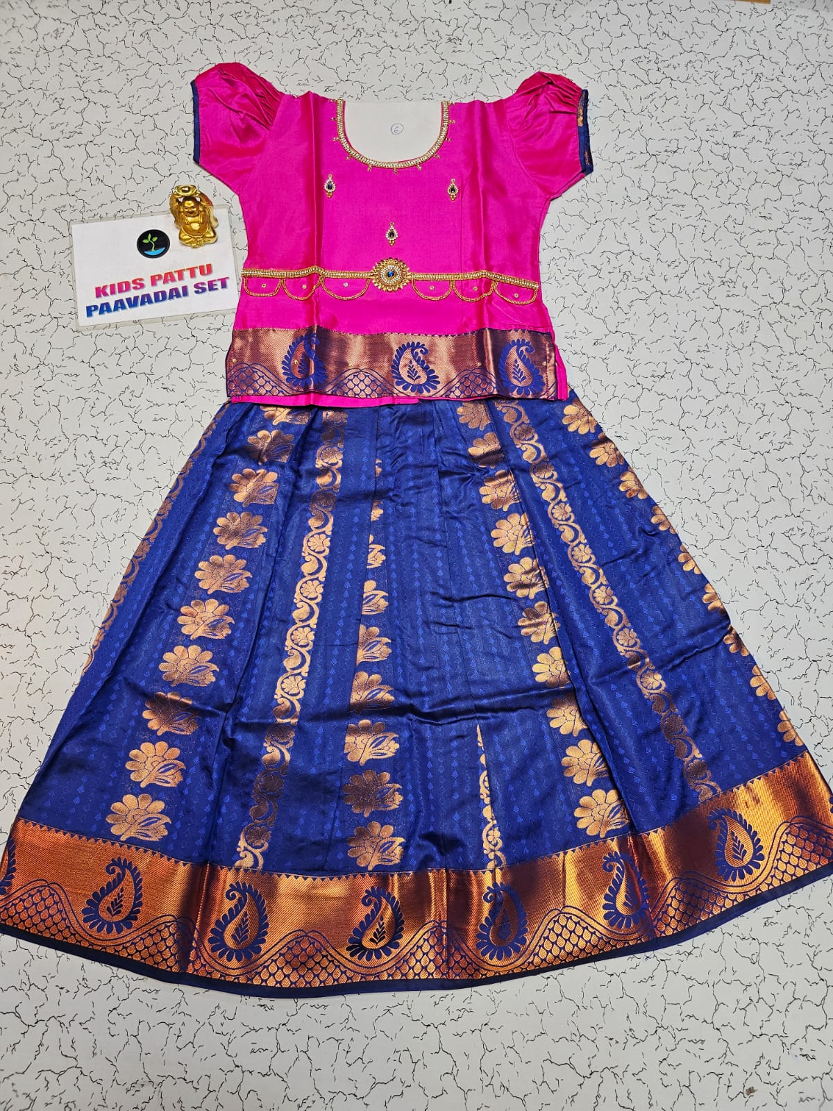 Kids Pattu Pavadai set with pink top and royal blue zari embroidered skirt from Sri Thulir Tex.