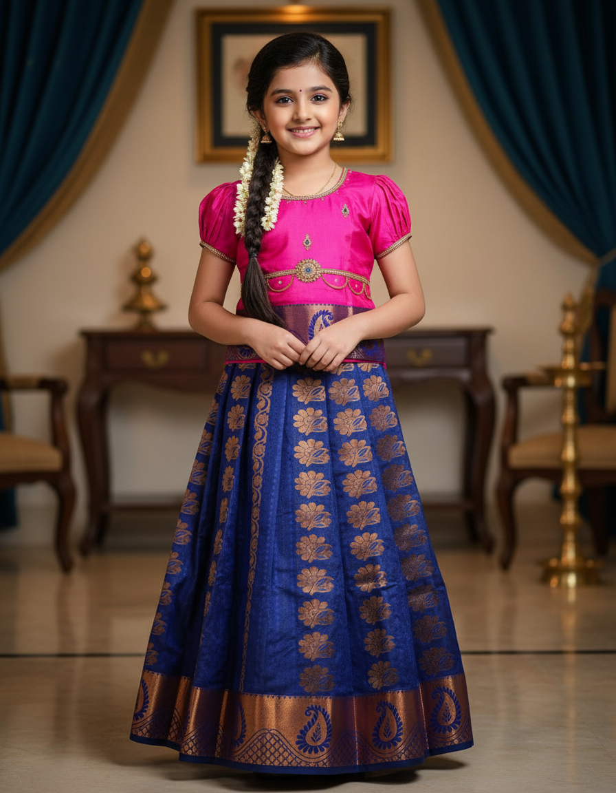 Kids Pattu Pavadai set with pink top and royal blue zari embroidered skirt from Sri Thulir Tex.
