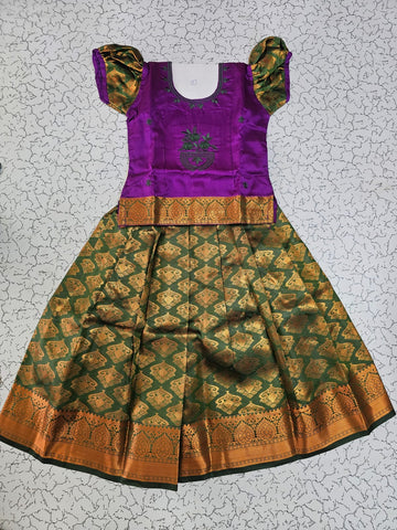 Kids purple and dark green pattu pavadai set with puff sleeves and zari silk skirt from Sri Thulir Tex