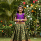 Kids purple and dark green pattu pavadai set with puff sleeves and zari silk skirt from Sri Thulir Tex