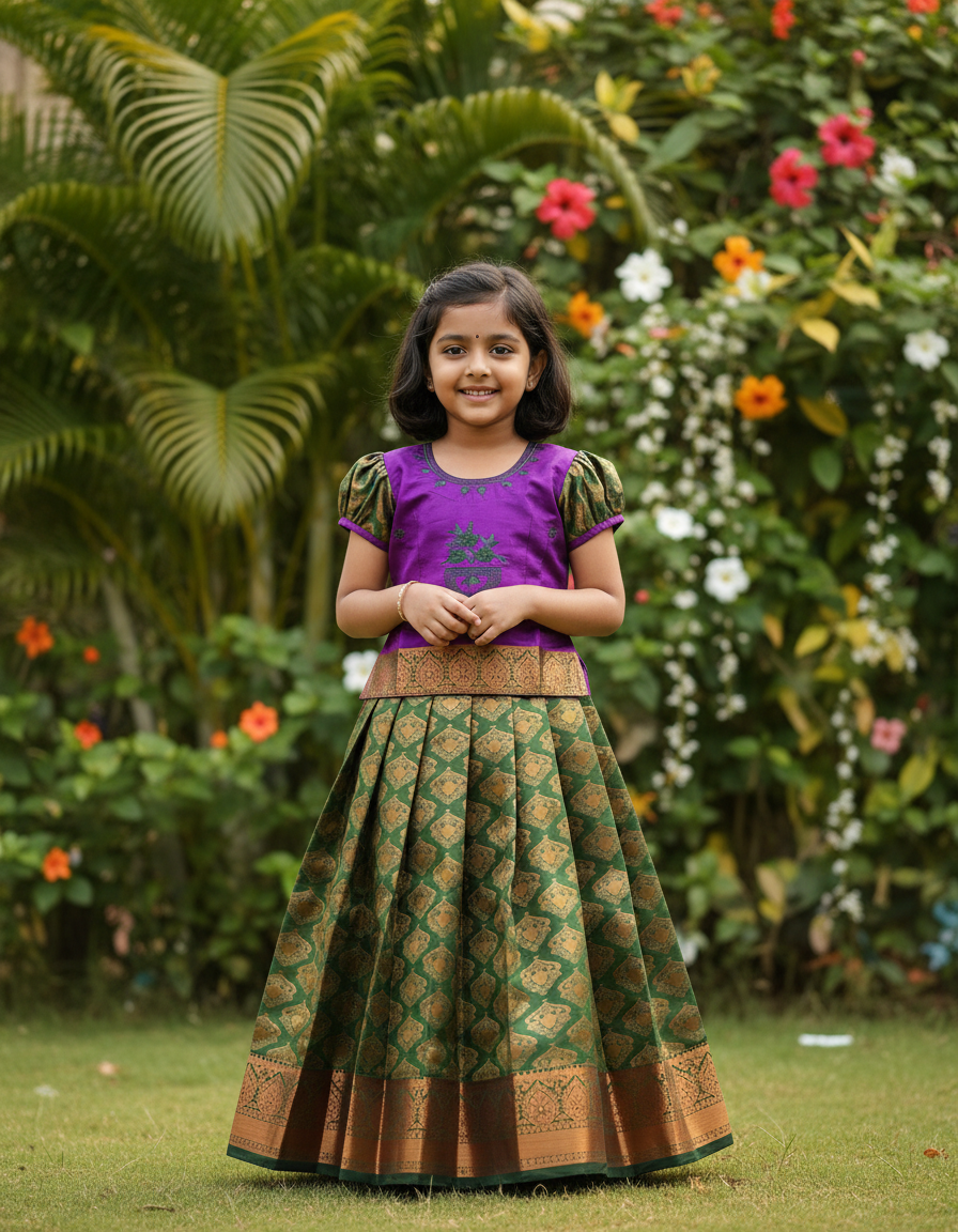 Kids purple and dark green pattu pavadai set with puff sleeves and zari silk skirt from Sri Thulir Tex