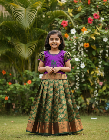 Kids purple and dark green pattu pavadai set with puff sleeves and zari silk skirt from Sri Thulir Tex