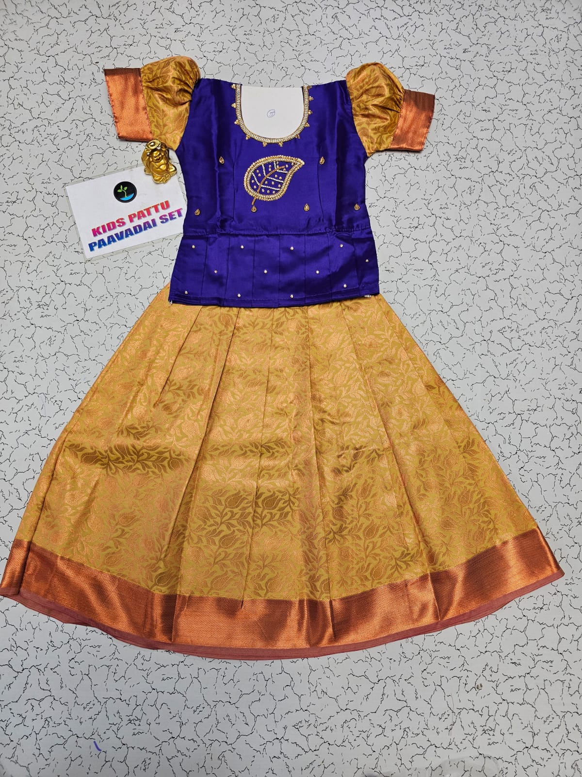 Kids Purple and Mustard Pattu Pavadai Set – Semi Silk Top and Bridal Silk Skirt with Stone Work
