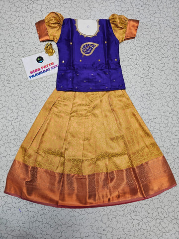 Kids Purple and Mustard Pattu Pavadai Set with Semi Silk Top and Bridal Silk Skirt – Traditional South Indian Dress
