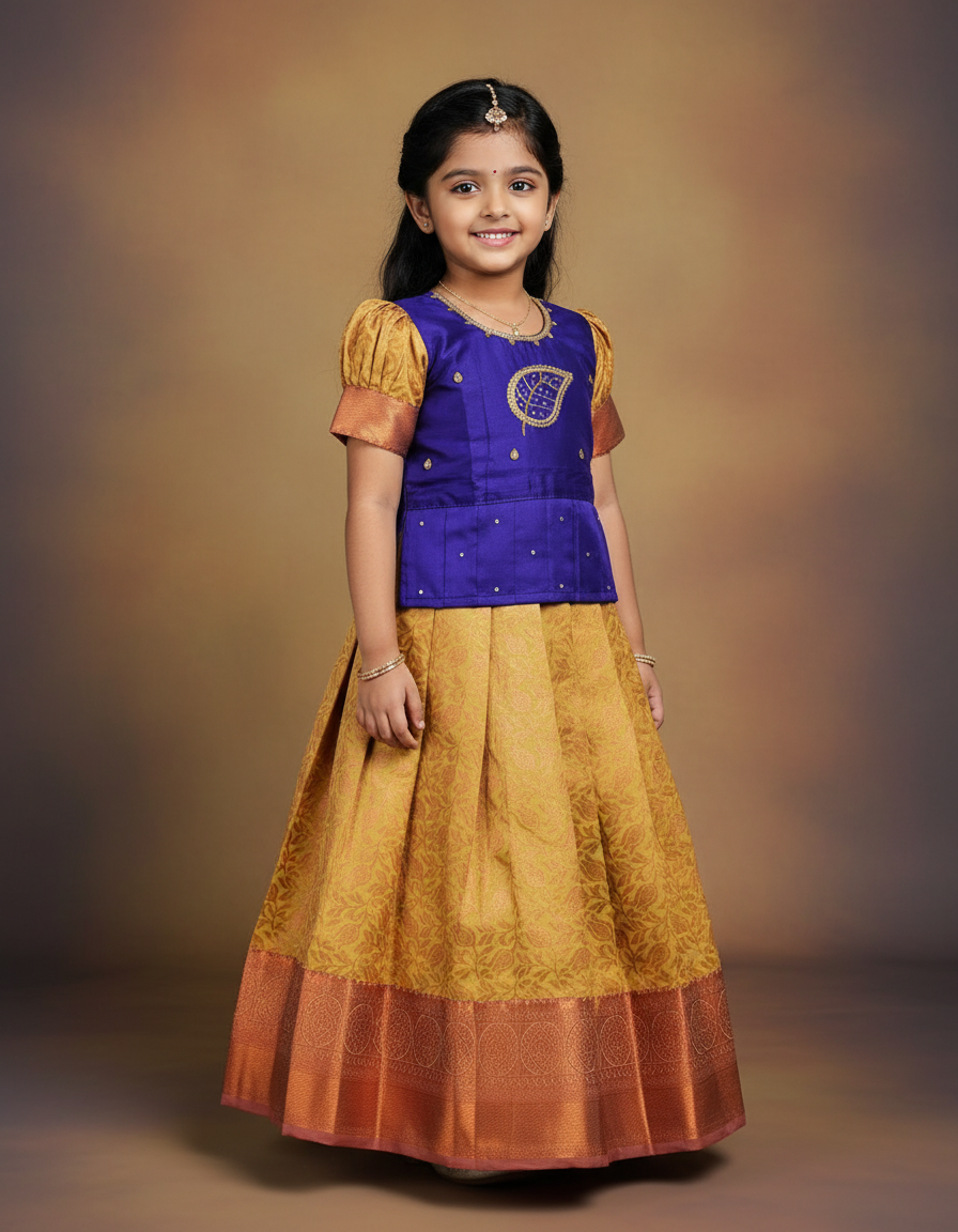 Kids Purple and Mustard Pattu Pavadai Set with Semi Silk Top and Bridal Silk Skirt – Traditional South Indian Dress