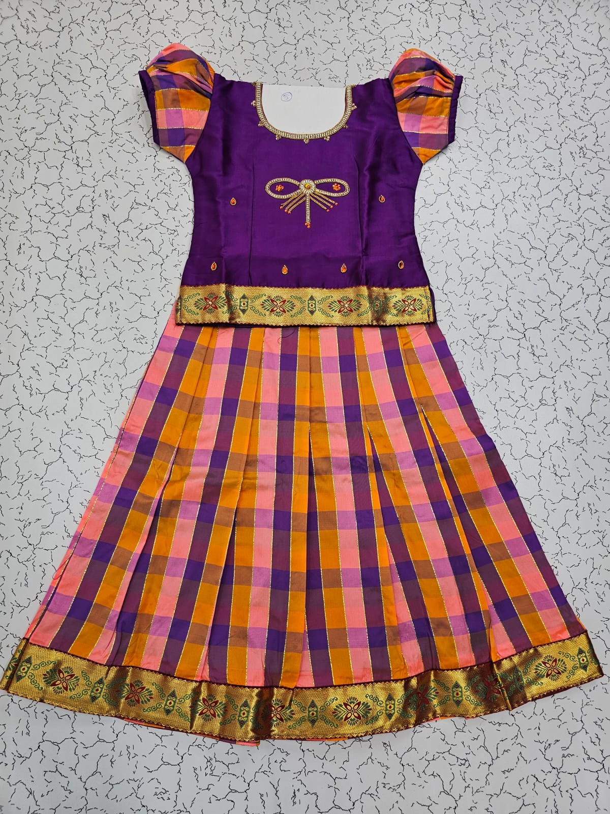 Kids purple top with orange pink purple Palum Palam checked skirt pattu pavadai – Sri Thulir Tex
