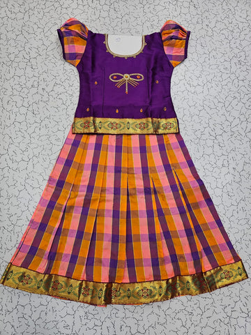 Kids purple top with orange pink purple Palum Palam checked skirt pattu pavadai – Sri Thulir Tex