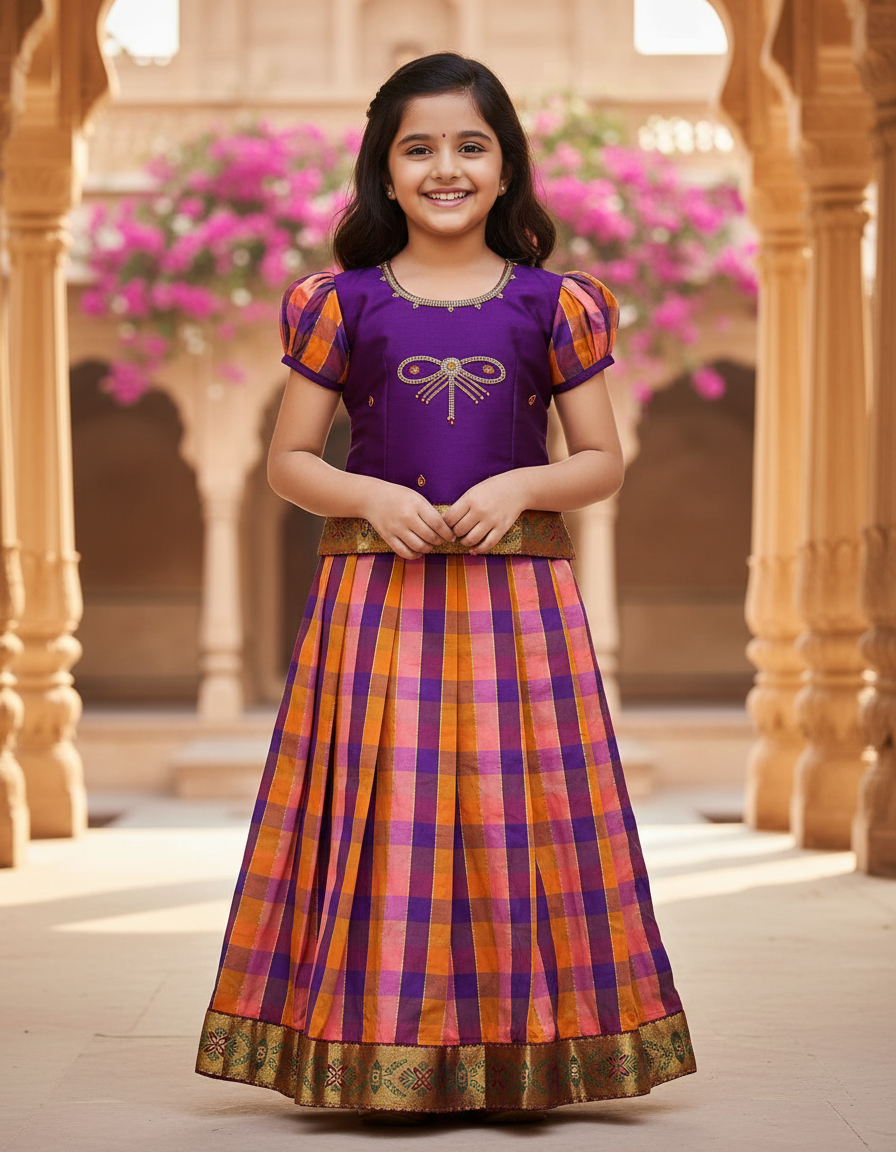 Kids purple top with orange pink purple Palum Palam checked skirt pattu pavadai – Sri Thulir Tex