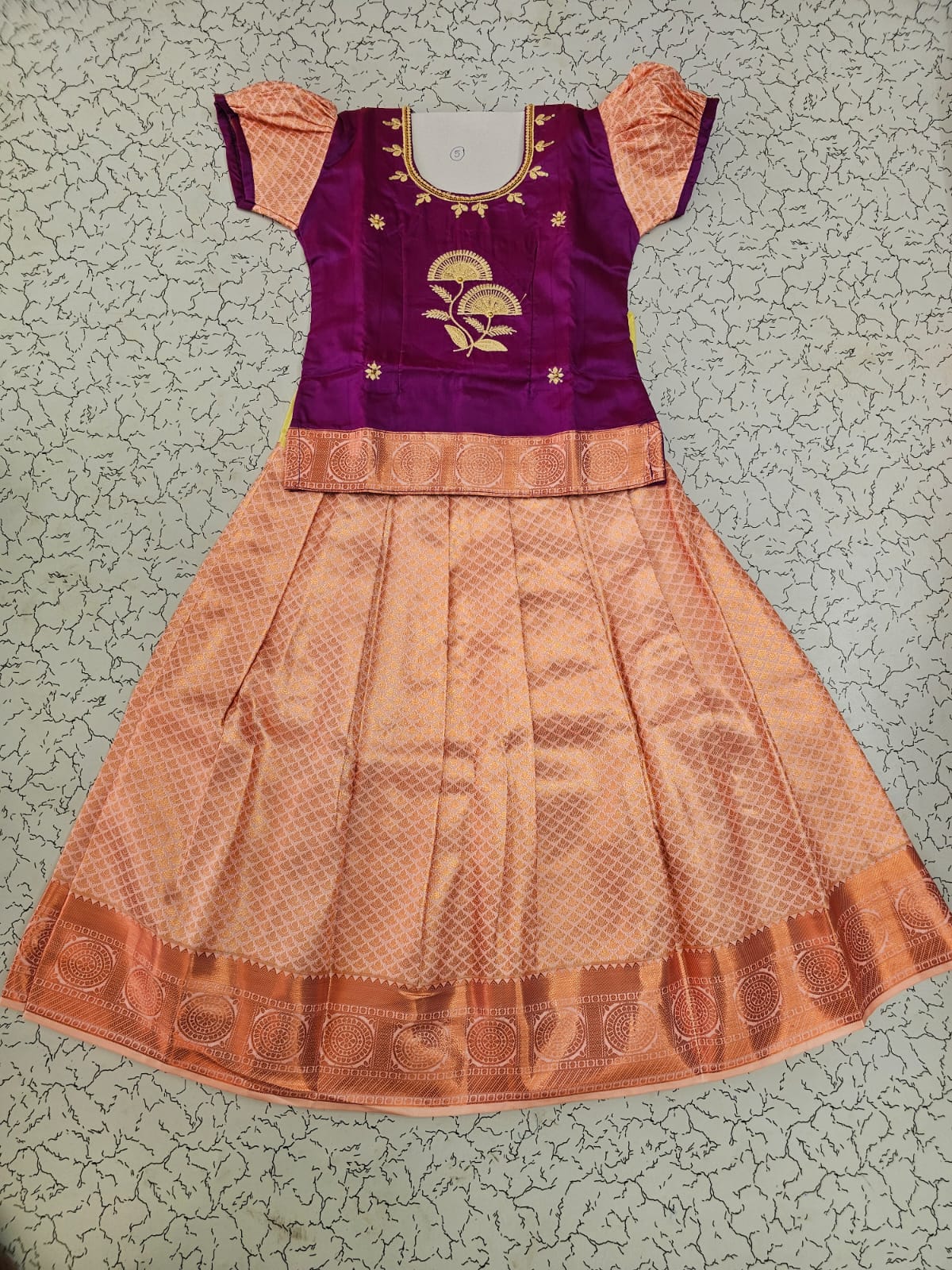 Kids purple and peach pattu pavadai set with puff sleeves and zari silk skirt from Sri Thulir Tex