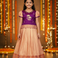 Kids purple and peach pattu pavadai set with puff sleeves and zari silk skirt from Sri Thulir Tex