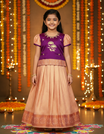 Kids purple and peach pattu pavadai set with puff sleeves and zari silk skirt from Sri Thulir Tex