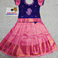 Kids purple and pink pattu pavadai set with puff sleeve blouse and zari silk skirt from Sri Thulir Tex