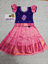 Kids purple and pink pattu pavadai set with puff sleeve blouse and zari silk skirt from Sri Thulir Tex