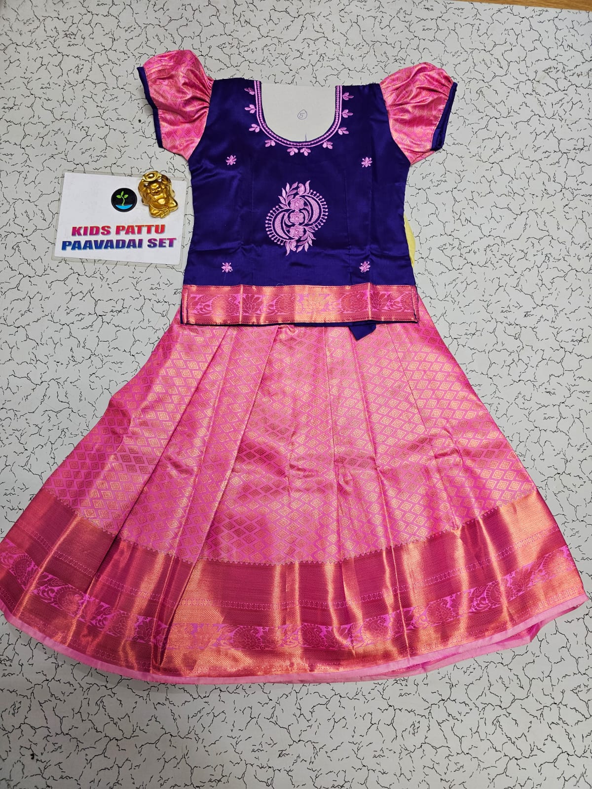Kids purple and pink pattu pavadai set with puff sleeve blouse and zari silk skirt from Sri Thulir Tex