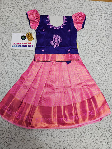 Kids purple and pink pattu pavadai set with puff sleeve blouse and zari silk skirt from Sri Thulir Tex