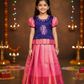 Kids purple and pink pattu pavadai set with puff sleeve blouse and zari silk skirt from Sri Thulir Tex