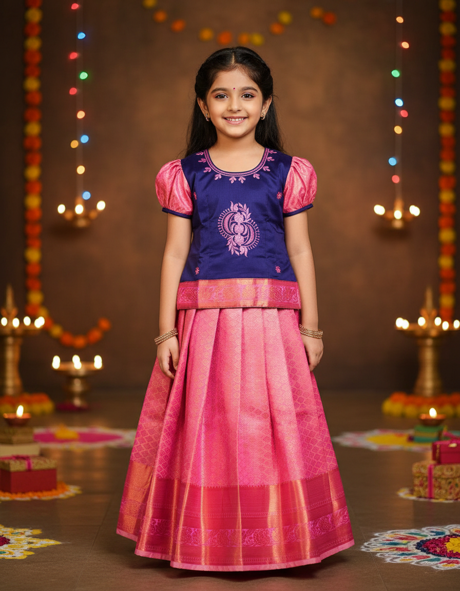 Kids purple and pink pattu pavadai set with puff sleeve blouse and zari silk skirt from Sri Thulir Tex