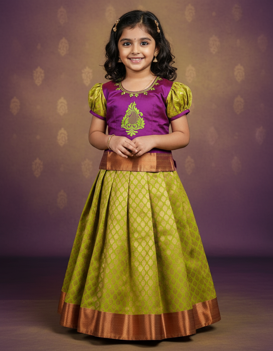 Kids pattu pavadai with purple top and green bridal silk skirt – Sri Thulir Tex