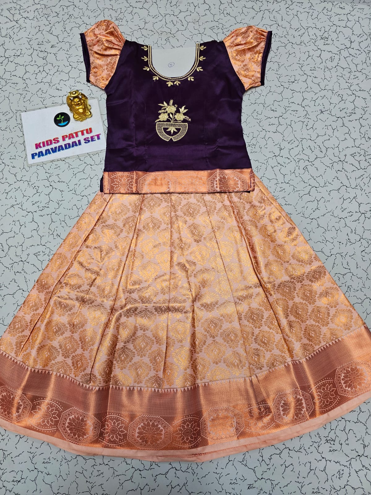 Kids pattu pavadai with purple top and peach bridal silk skirt – Sri Thulir Tex