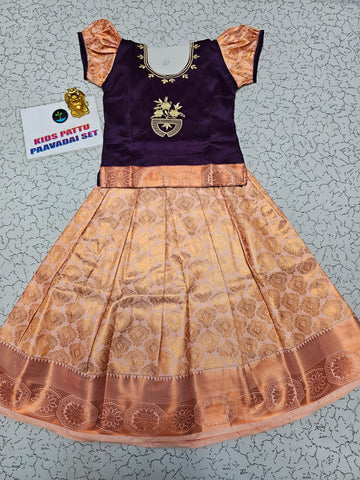 Kids pattu pavadai with purple top and peach bridal silk skirt – Sri Thulir Tex