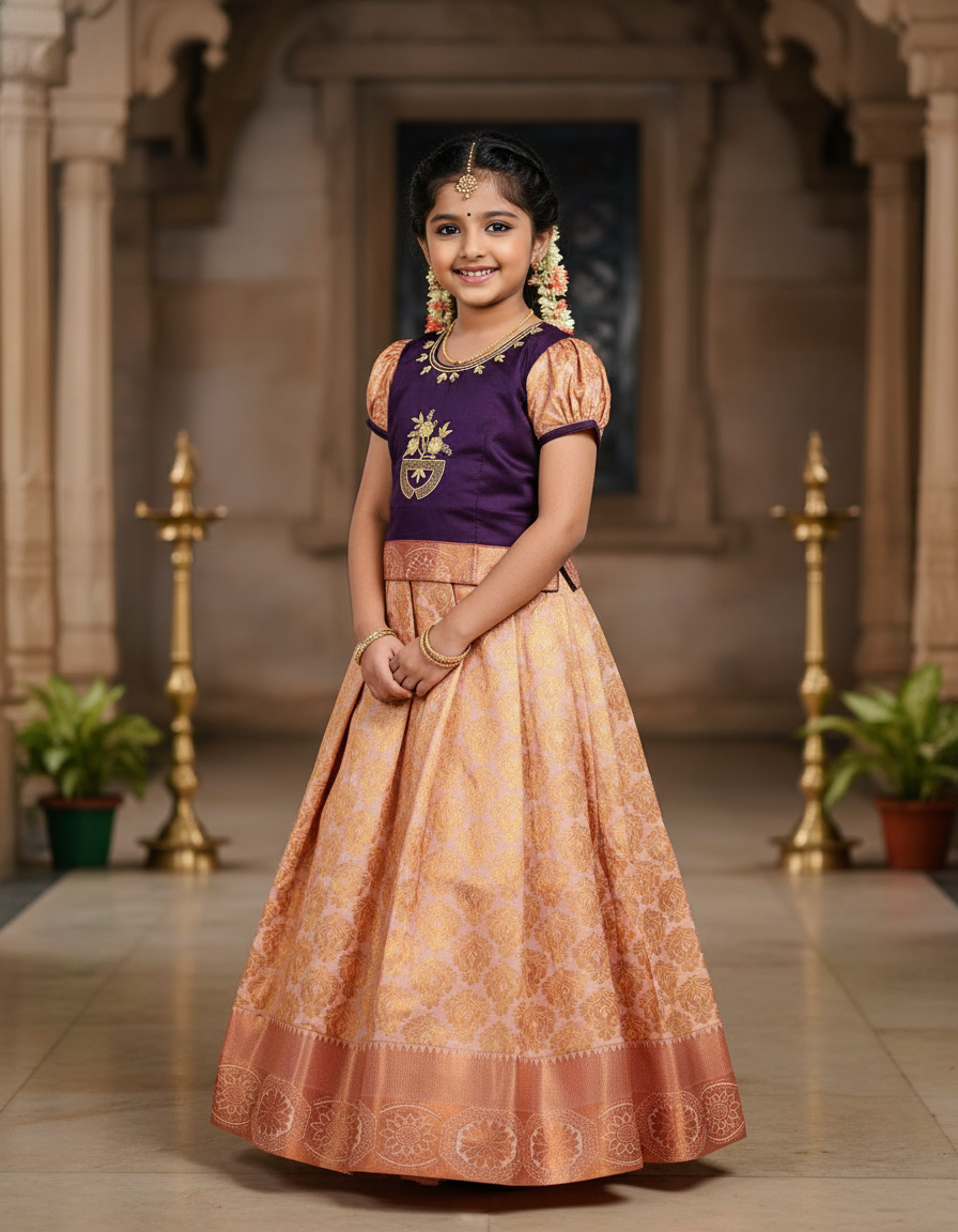 Kids pattu pavadai with purple top and peach bridal silk skirt – Sri Thulir Tex