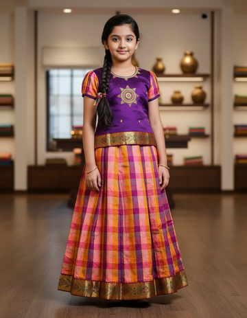 Kids purple semi-silk top with pink orange checked Palum Palam skirt pattu pavadai – Sri Thulir Tex