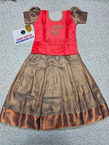 Kids red semi-silk top with grey and copper bridal silk pattu pavadai set by Sri Thulir Tex