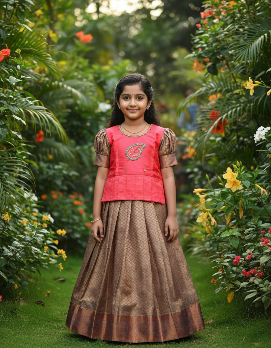 Kids red semi-silk top with grey and copper bridal silk pattu pavadai set by Sri Thulir Tex