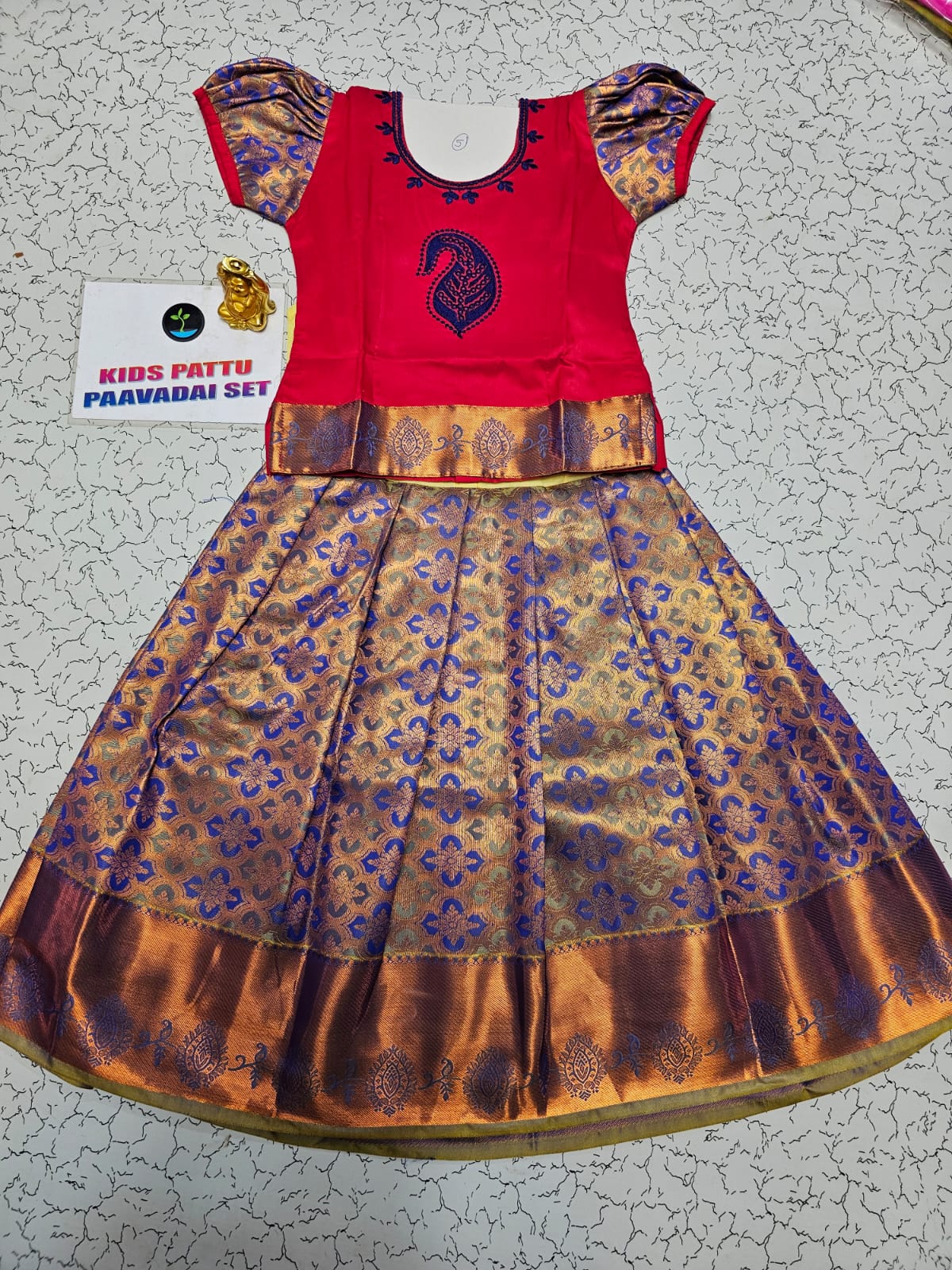 Kids red semi silk top with blue bridal silk skirt pattu pavadai – Sri Thulir Tex