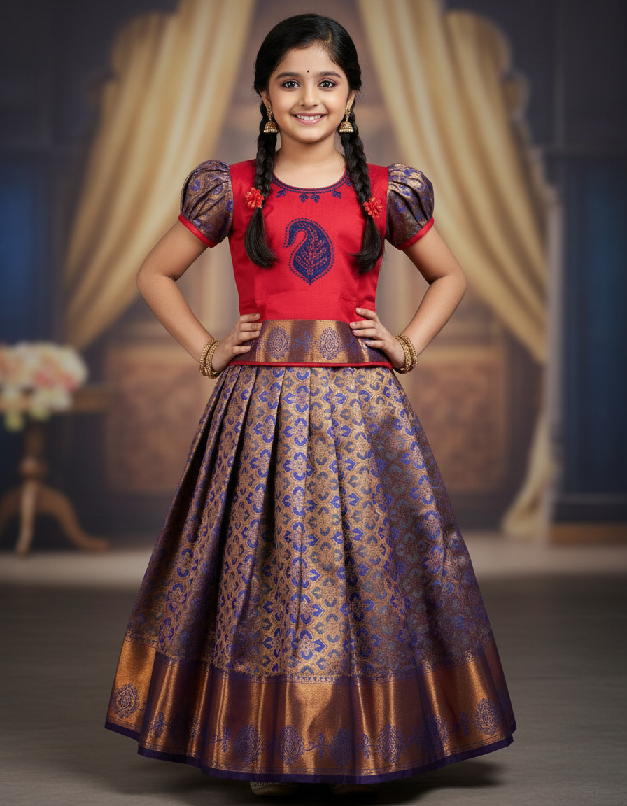 Kids red semi silk top with blue bridal silk skirt pattu pavadai – Sri Thulir Tex