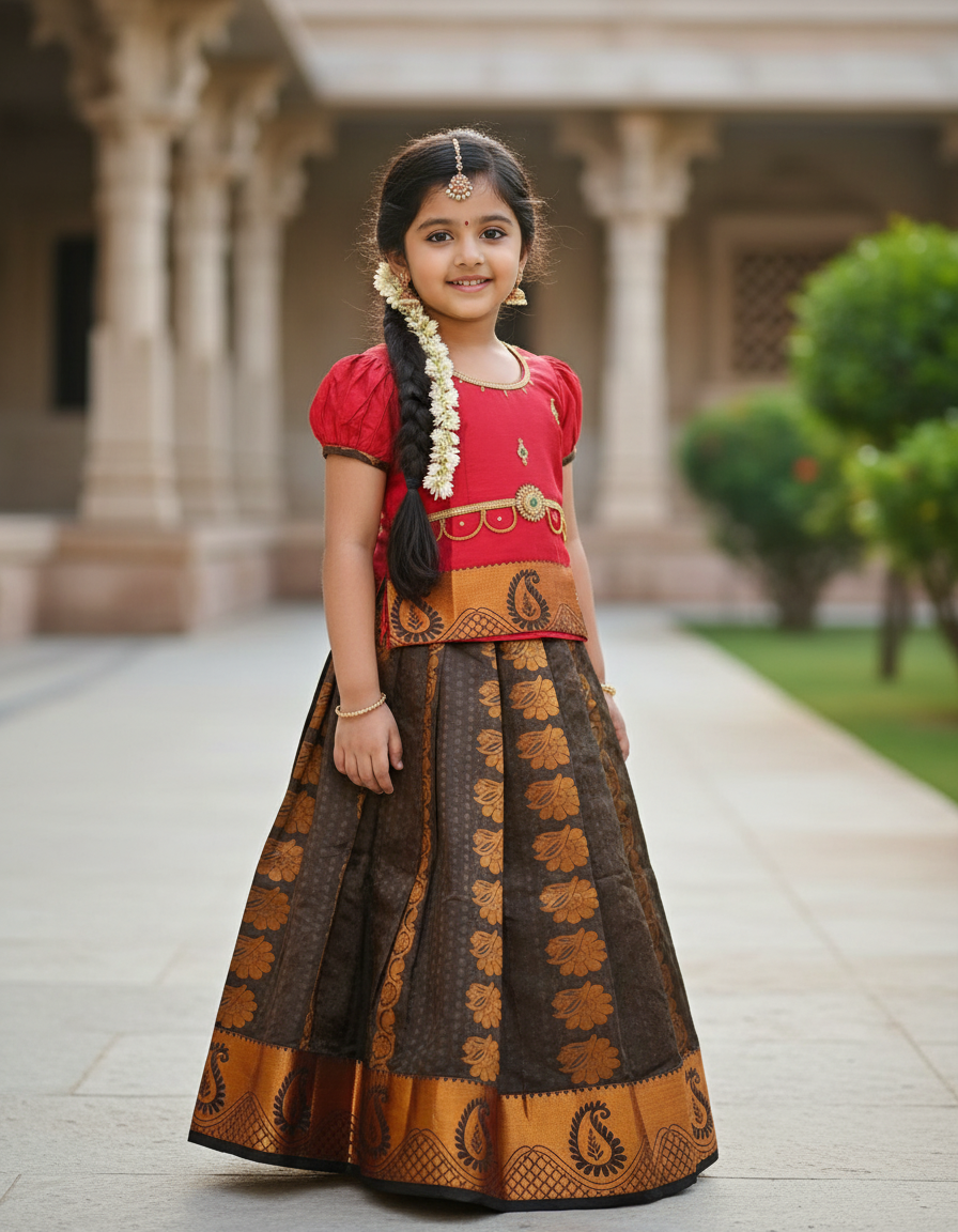 Kids red top and dark brown emboss skirt pattu pavadai set – Sri Thulir Tex